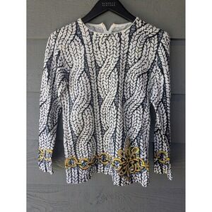 Vintage Stretch Knit Shirt Womens Medium White Black Chain Print Long Sleeve 70s